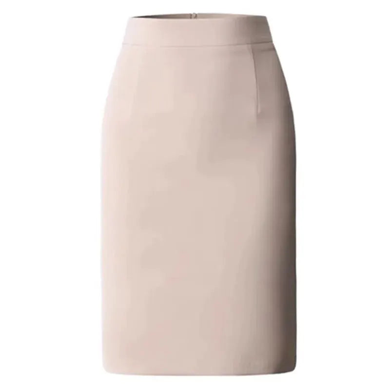 Elegant high-waisted pencil skirt by Simples Market in beige; midi length, solid color.