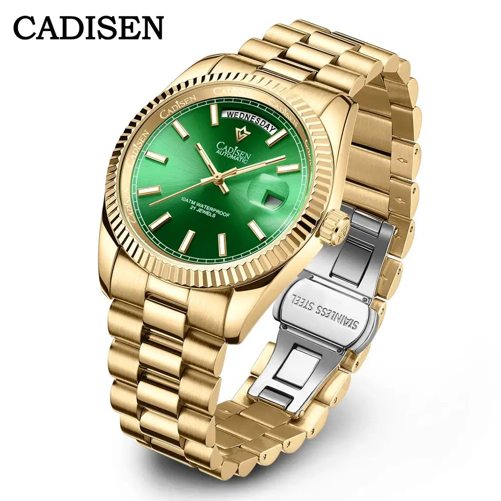 CADISEN DD40 men's gold-tone automatic watch with green dial, sapphire glass, stainless steel bracelet