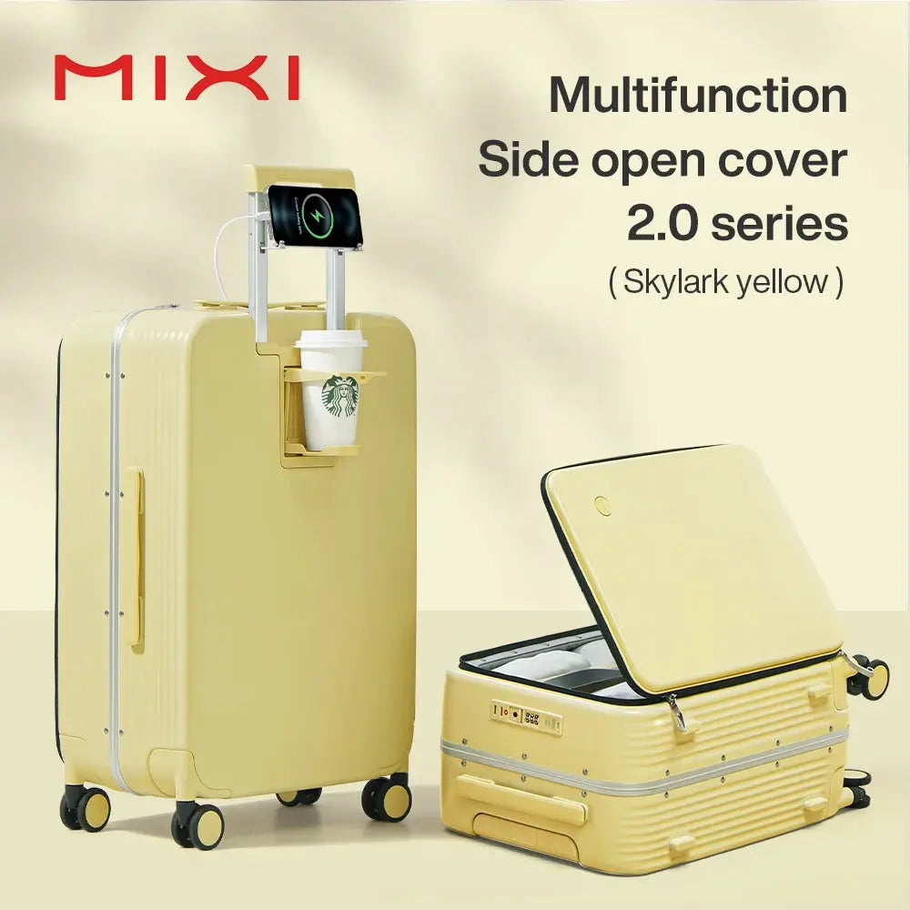 Mixi skylark yellow aluminum-frame carry-on luggage set with USB port and cup/phone holder (2-piece, 20–24 inch)