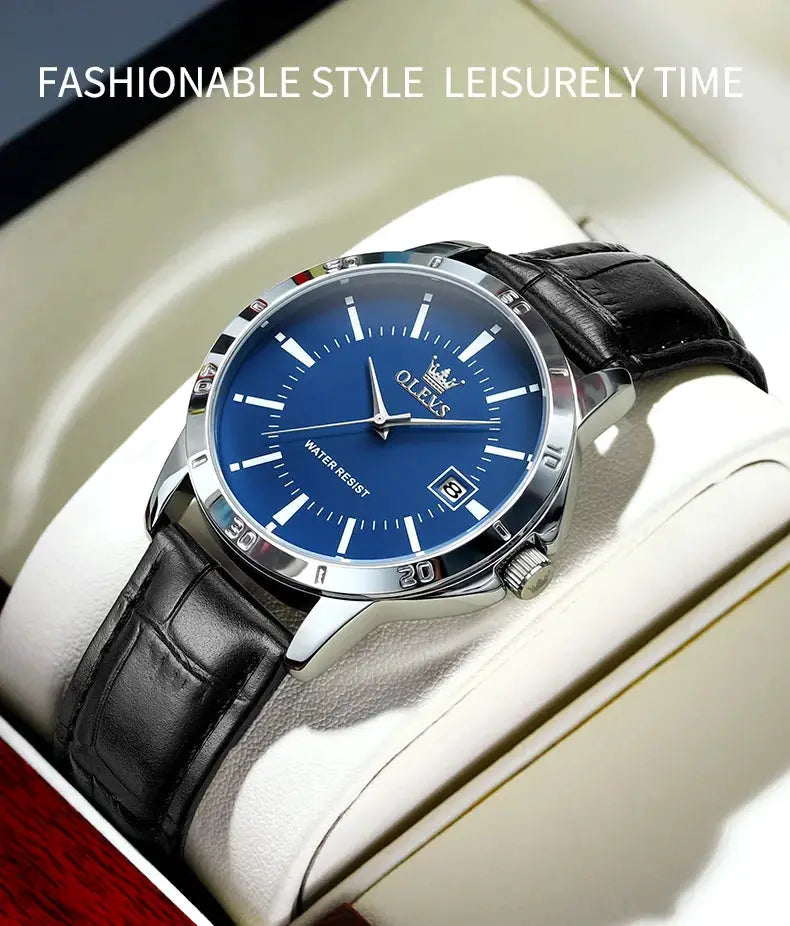 OLEVS men's wristwatch with blue dial, silver case and black leather strap with date window