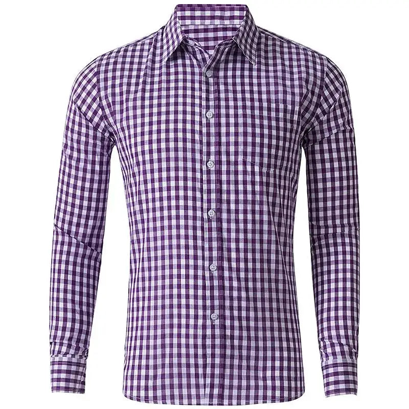 Men's purple and white plaid long-sleeve shirt with button-front.