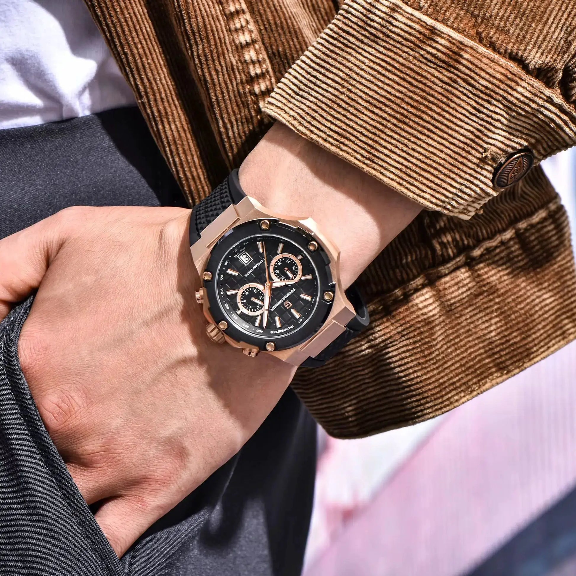 PAGANI DESIGN VK64 quartz chronograph watch for men with rose gold case, black dial, fluororubber strap