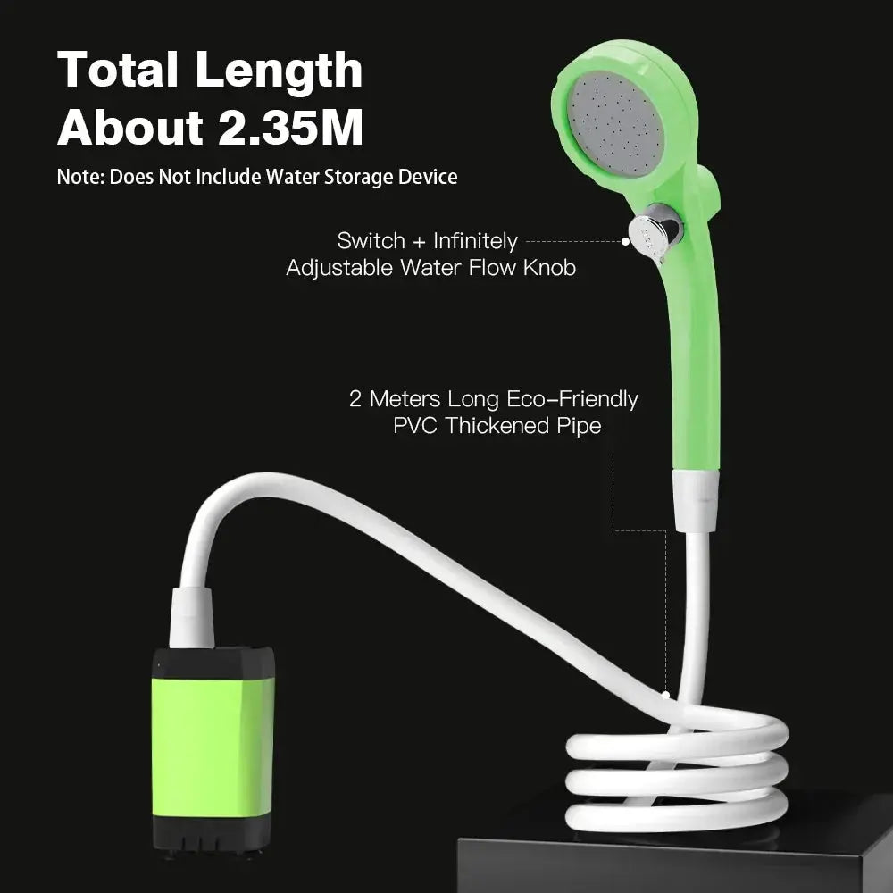 Camping shower kit, two-piece with green handheld head and compact pump with PVC hose