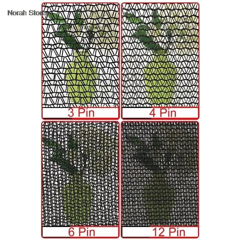 Simples Market 6x6m black shade cloth with grommets; four panels show 3 Pin, 4 Pin, 6 Pin and 12 Pin options.