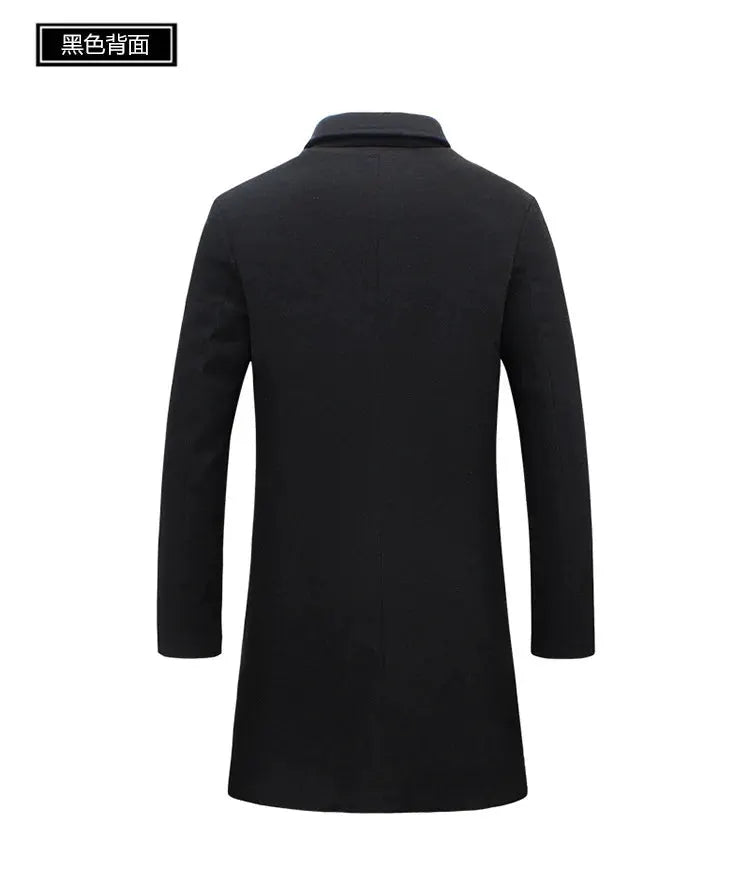 Simples Market black wool overcoat for men, mid-length trench with lapel, single-breasted outerwear