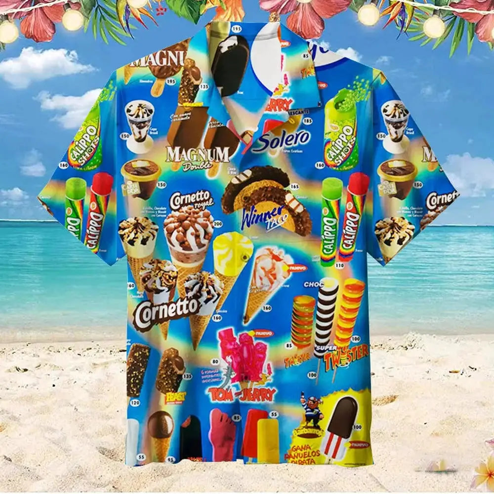 Hawaiian shirt with colorful ice cream print, unisex oversized short sleeve by Simples Market