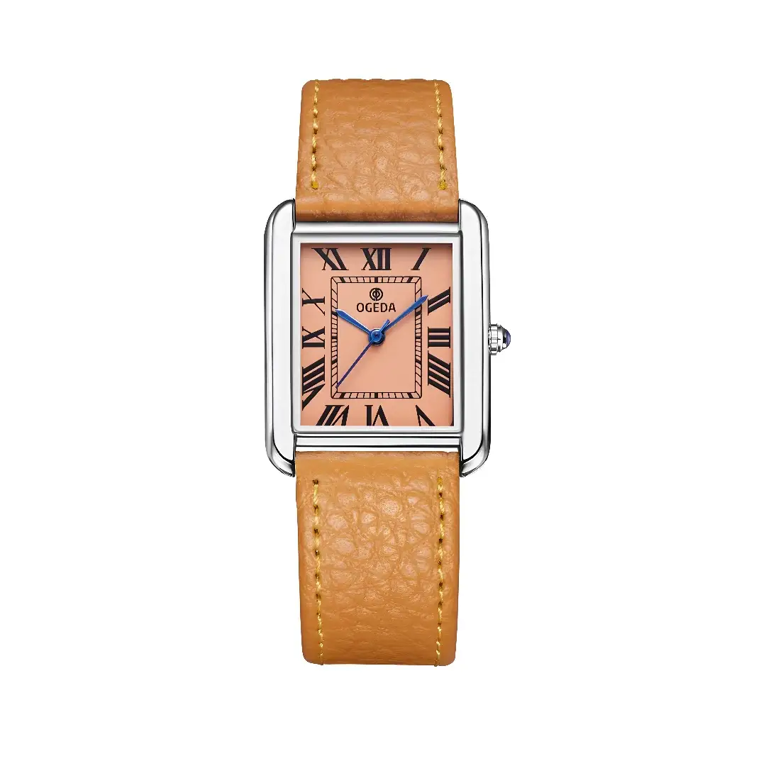 OGEDA waterproof couple watch with tan leather strap, stainless steel square case, peach dial and blue hands