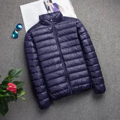Men's navy blue hooded down jacket, slim-fit puffer coat