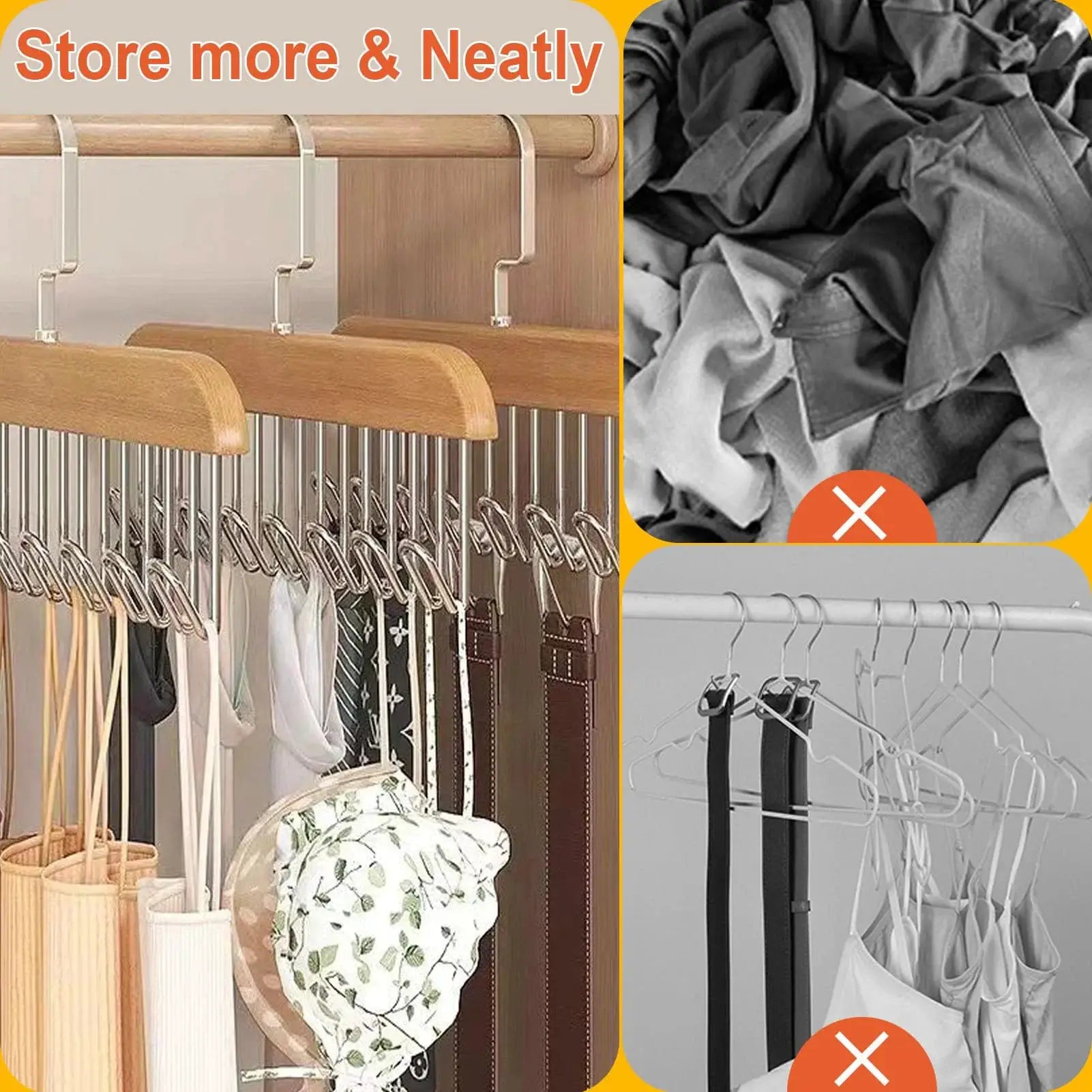 Multi-functional belt hanger and clothes organizer with wooden wave hangers for home or dorm drying rack