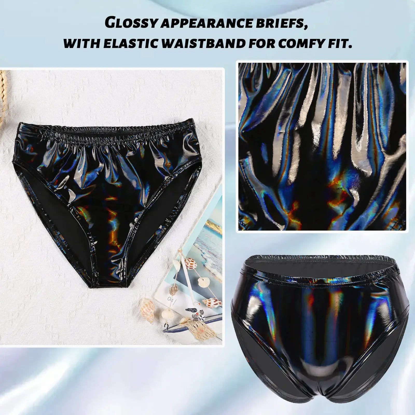 Women's black patent-leather briefs with a glossy wet-look finish, low-rise bikini-style underwear.