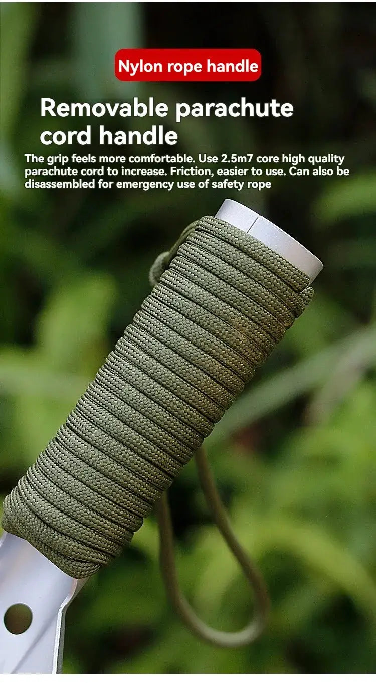 Sapper shovel with nylon paracord-wrapped olive-green handle and stainless steel blade.