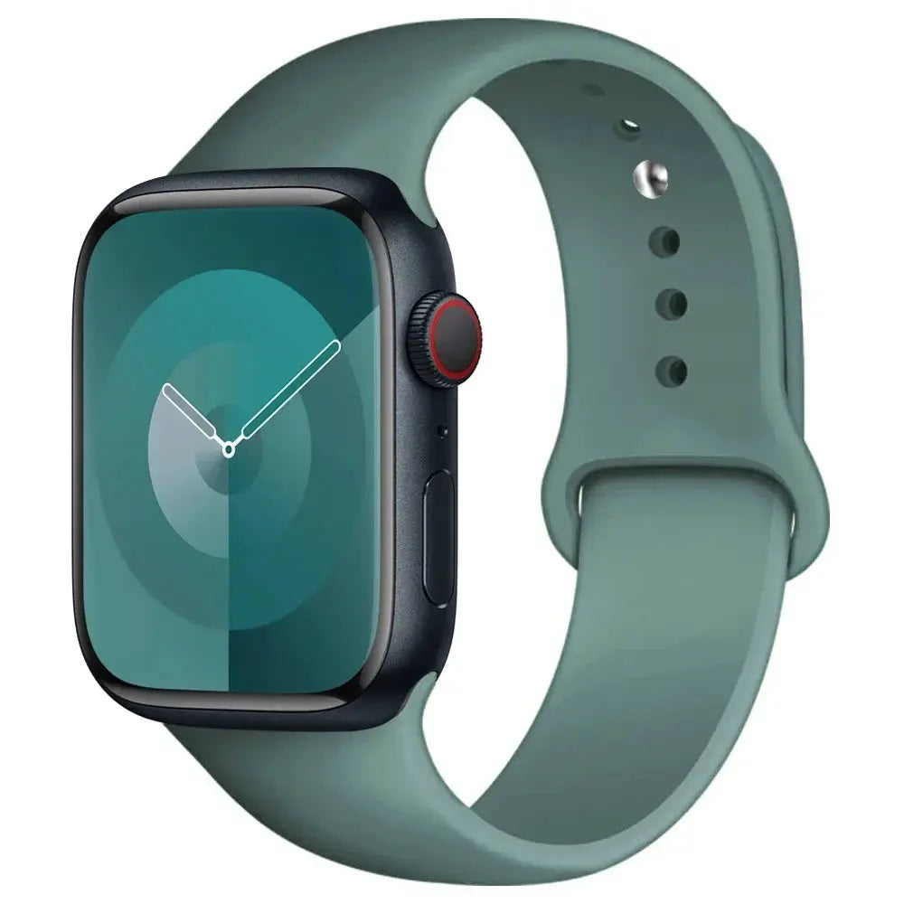 Silicone Apple Watch band in teal for 38–49mm models, by Simples Market.