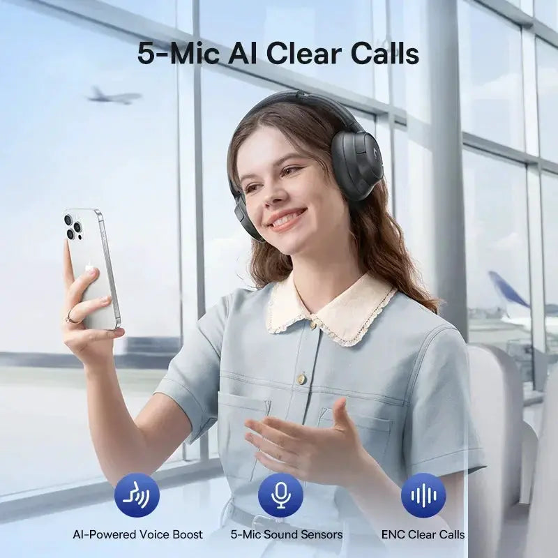Baseus EH10 NC wireless headphones in black with ANC worn by woman taking a selfie