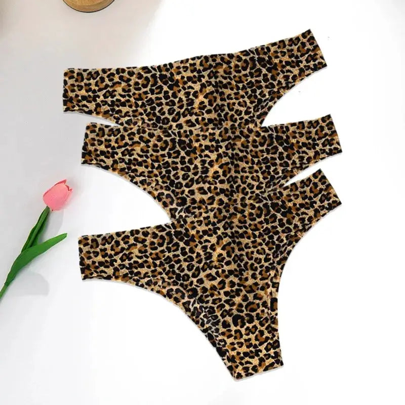 Leopard print thong underwear set, 3 pieces, seamless ice-silk fabric
