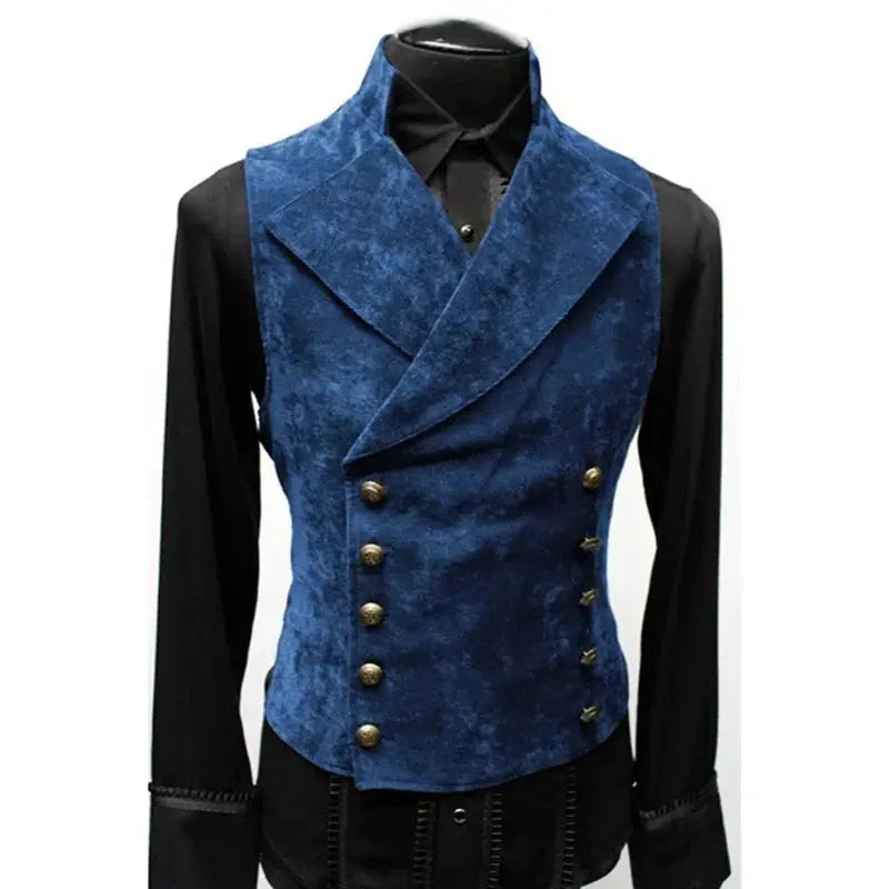 Mens gothic blue velvet double-breasted waistcoat over black shirt.