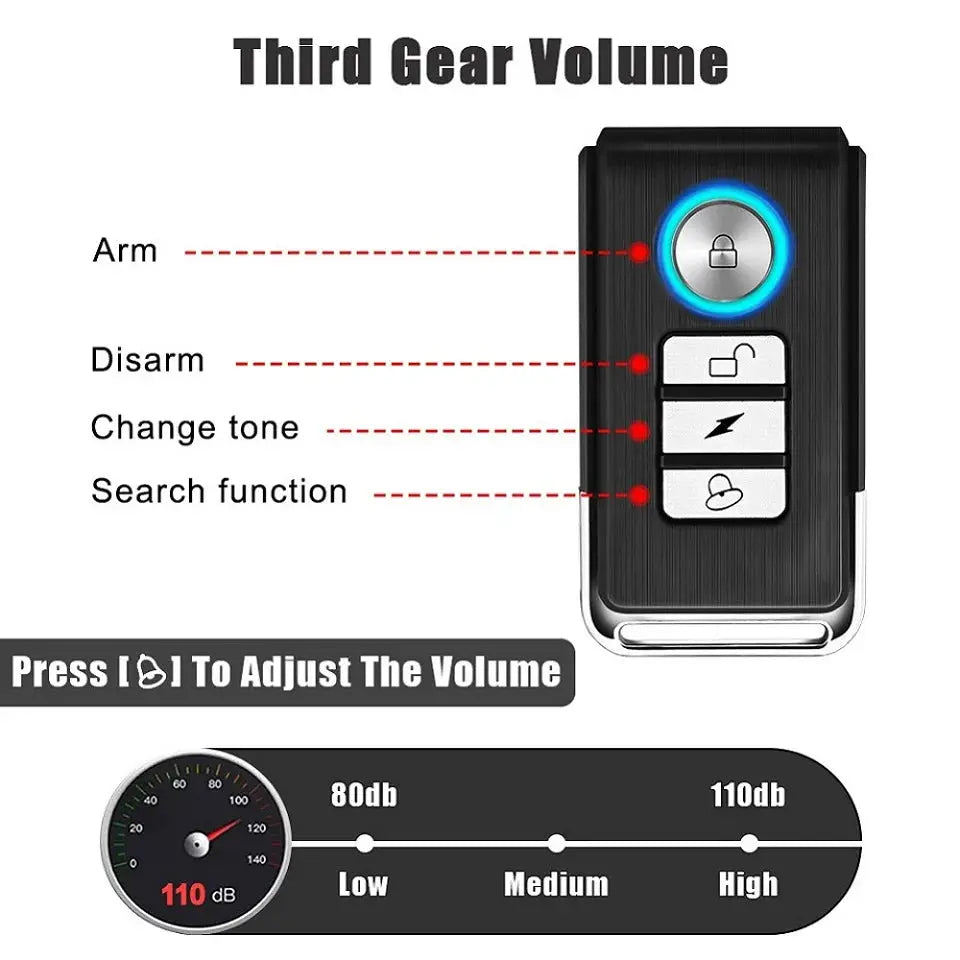 Simples Market Hollarm wireless bike vibration alarm remote, USB charging, black 3-button anti-theft bike security