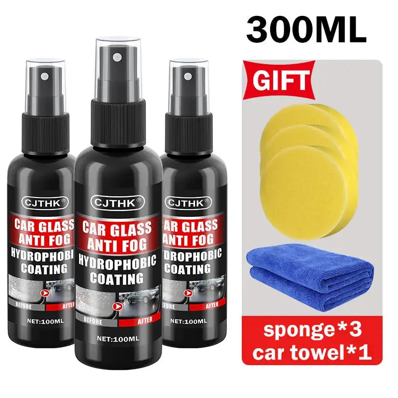 Three CJTHK car glass anti-fog hydrophobic coating spray bottles (100ml each) with gift sponge×3 and car towel×1