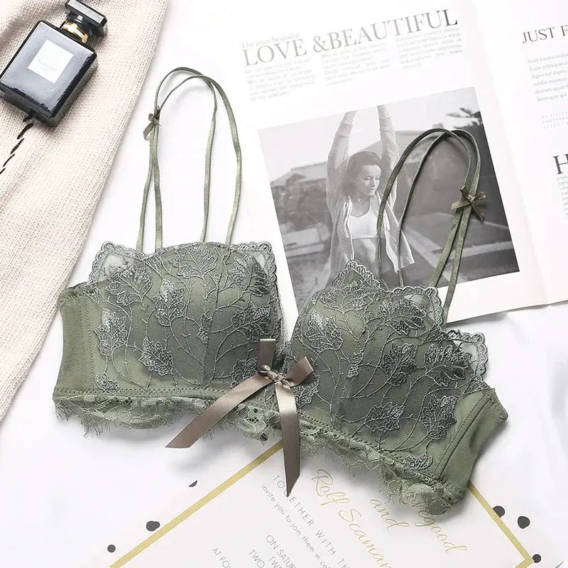 Lace floral embroidery bralette by Simples Market in olive green, wireless 3/4 cup with adjustable straps