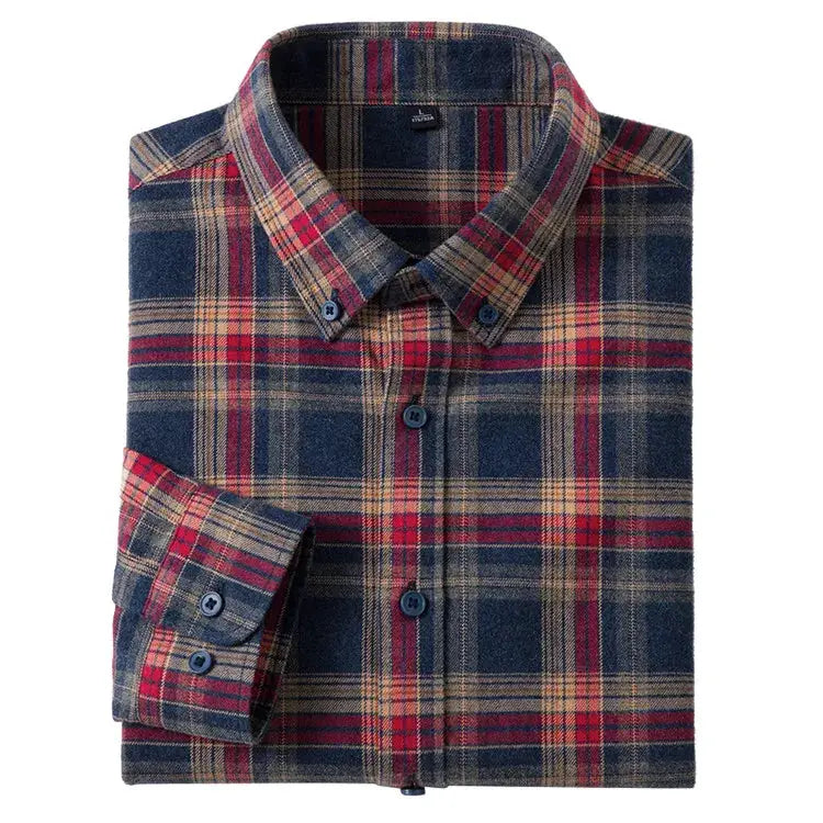 Simples Market men's plaid flannel shirt, 100% cotton, long-sleeve with button-down collar in blue/red/beige