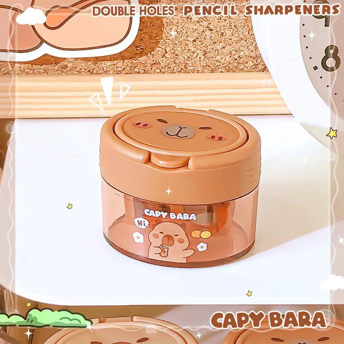Capybara cartoon dual-hole pencil sharpener; compact brown plastic sharpener with a cute face lid.