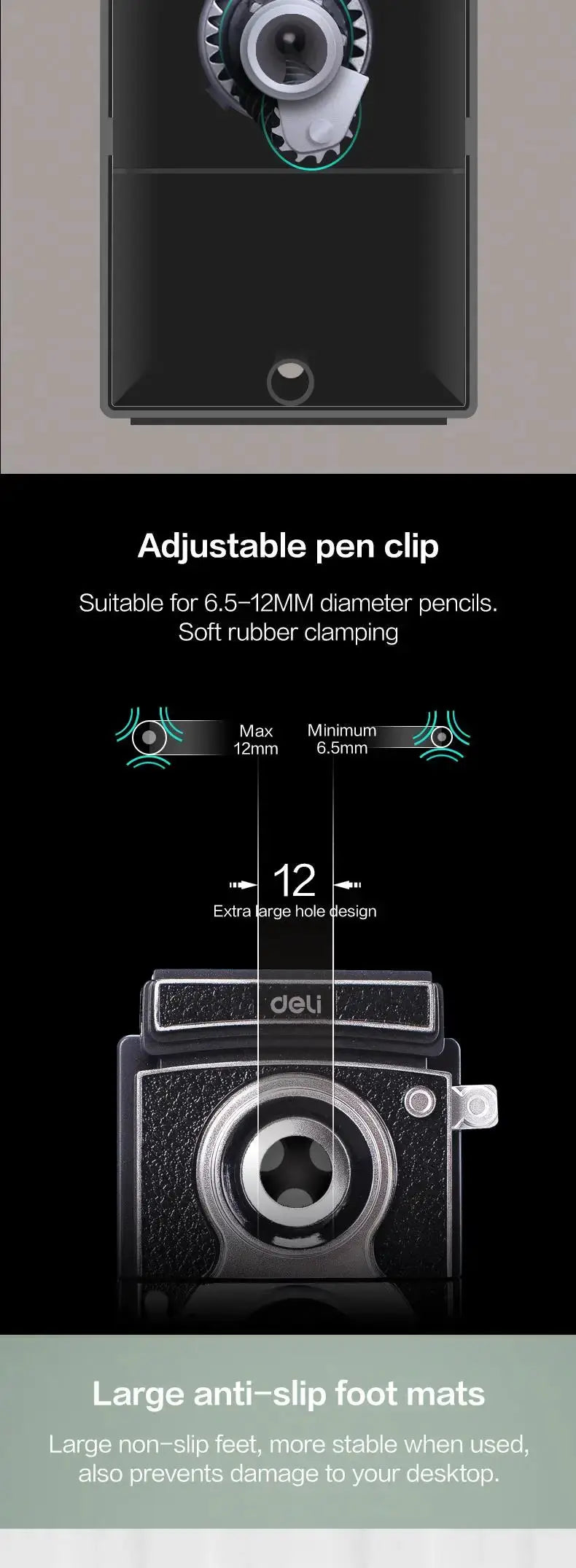 Deli rotary pencil sharpener with adjustable pen clip; jumbo 12mm hole for 6.5–12mm pencils