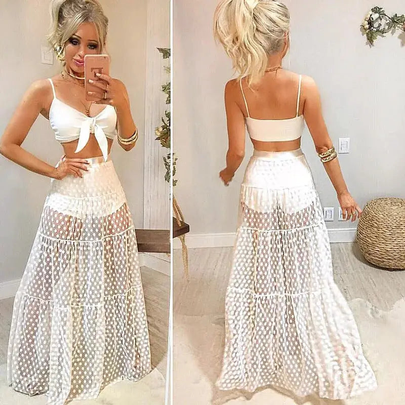 Polka-dot mesh maxi skirt, white, high-waisted A-line, floor-length