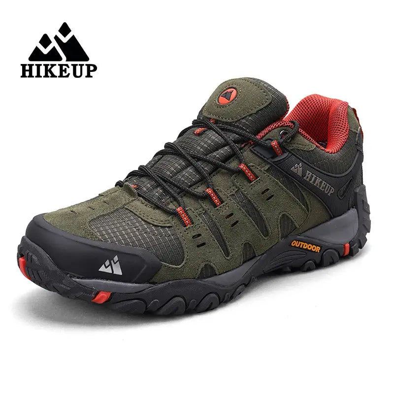 HIKEUP men's hiking shoes, olive suede and black mesh, rugged outdoor trekking sneakers