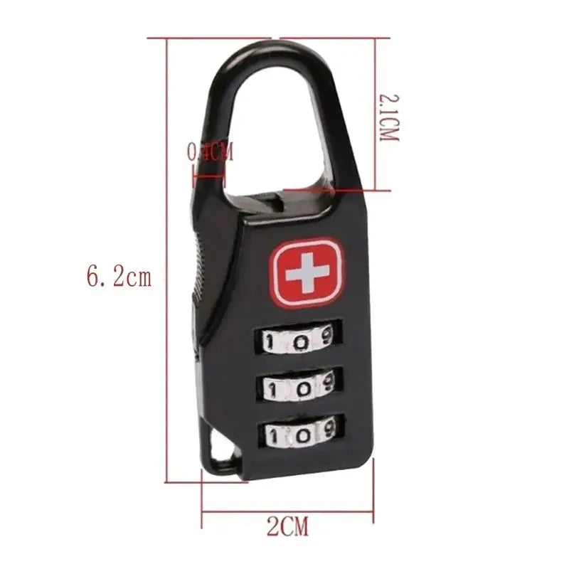 Simples Market compact 3-digit combination padlock for luggage, black with red cross emblem.