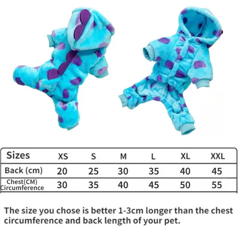 Thickened Warm Blue Dinosaur Hooded Coat for Small to Medium Dogs and Cats Autumn Winter Outerwear