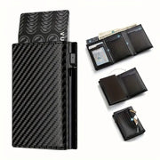 Men's wallet by Simples Market with RFID blocking, zipper coin purse and auto pop-up card holder in black carbon-fiber.