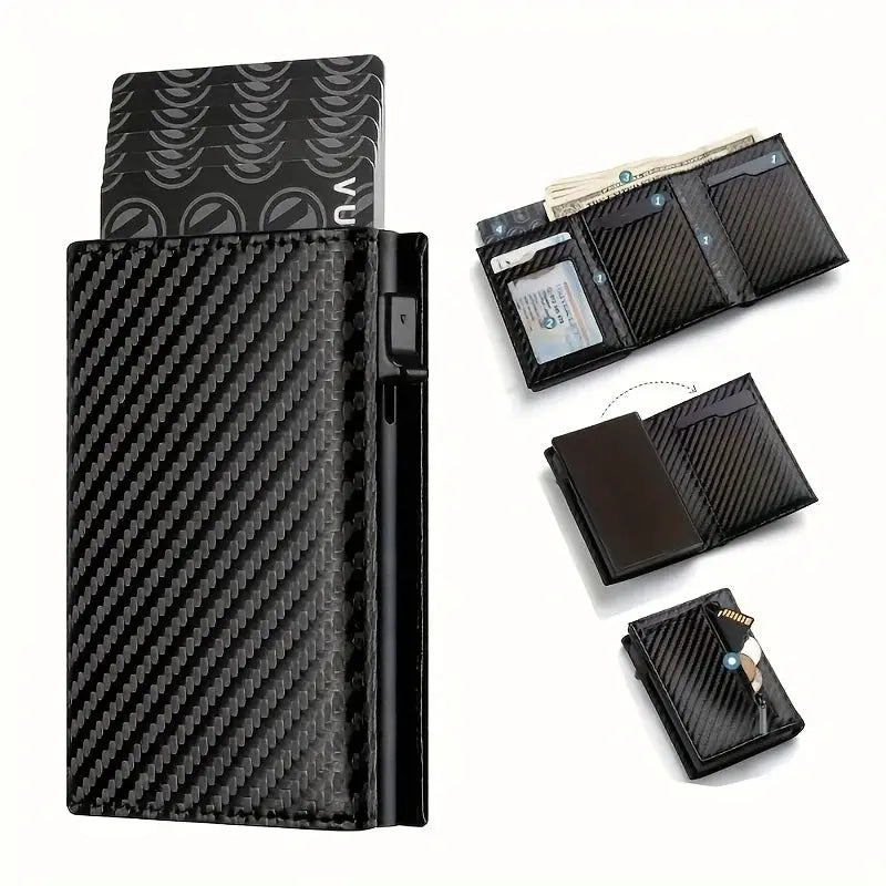 Men's wallet by Simples Market with RFID blocking, zipper coin purse and auto pop-up card holder in black carbon-fiber.