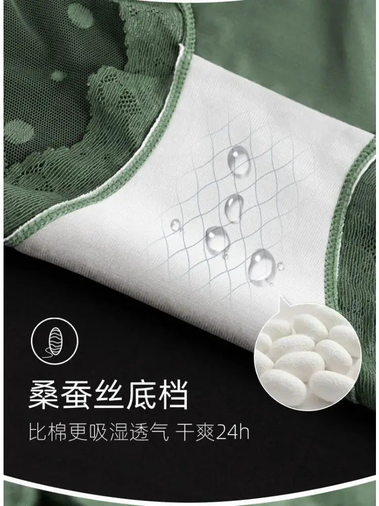 Lace high-waisted panties, white with green mesh trim, breathable underwear.