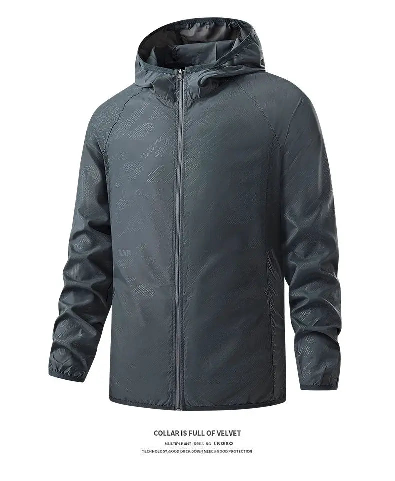 Waterproof unisex hiking jacket in gray with hood and full-zip windbreaker