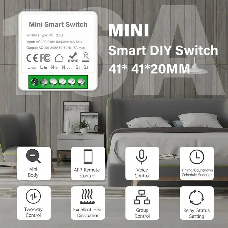Simples Market Mini Smart Switch white with green terminal block, 41x41x20mm, WiFi/Zigbee 3.0 relay