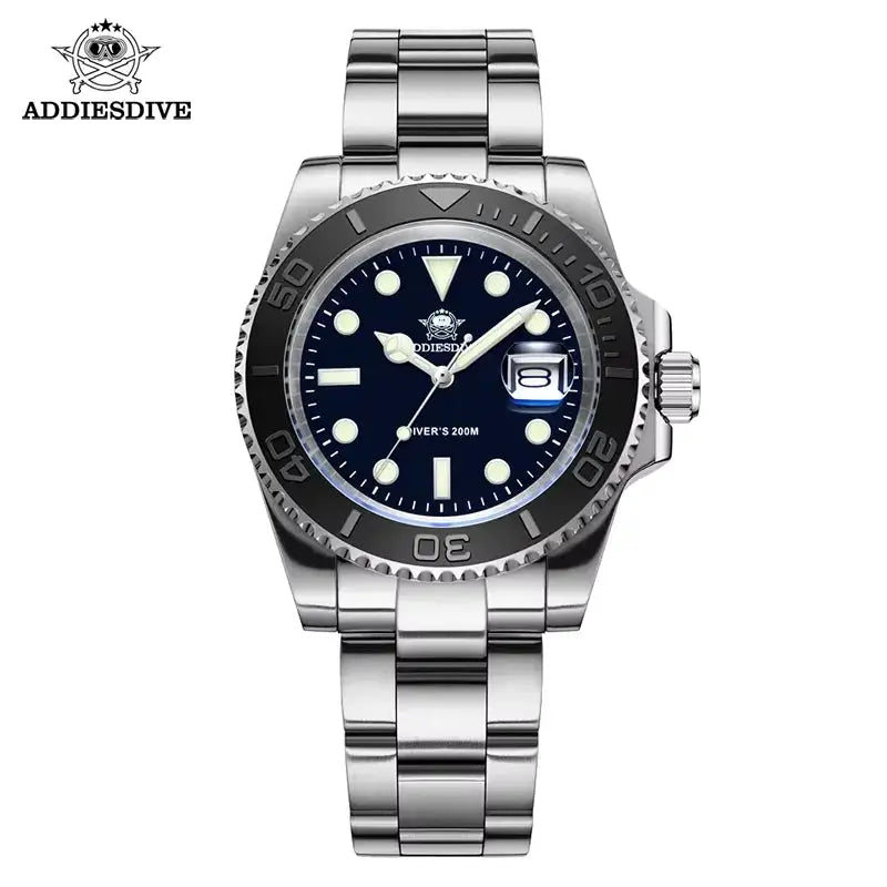ADDIESDIVE men's quartz diving watch with blue dial, ceramic bezel, magnified date window, stainless steel bracelet.