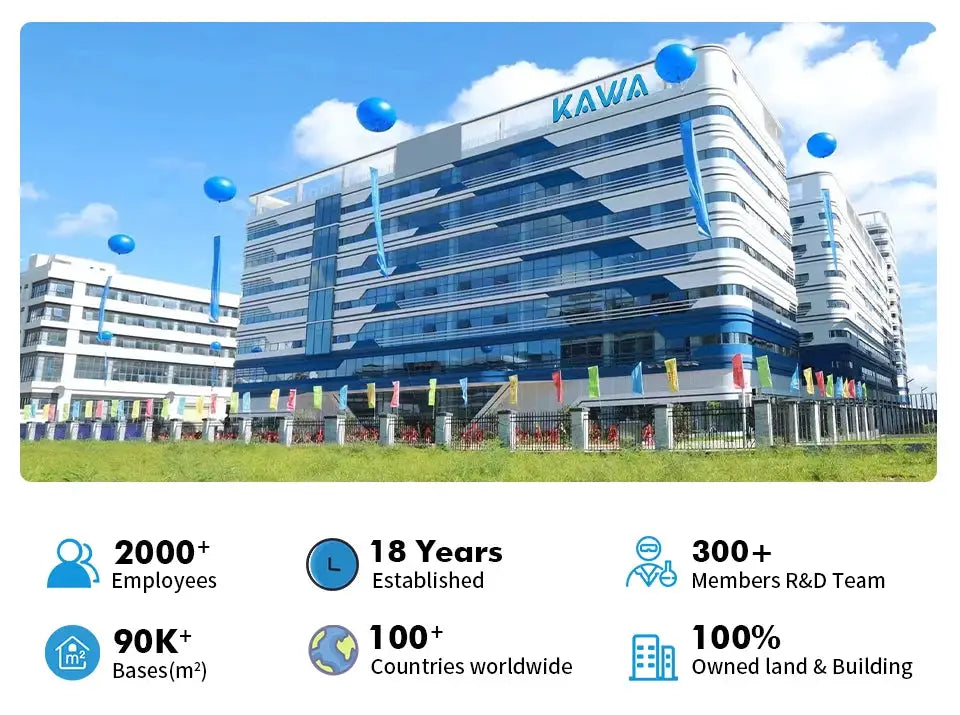 KAWA office building exterior with blue balloons and multicolor flags; brand visible