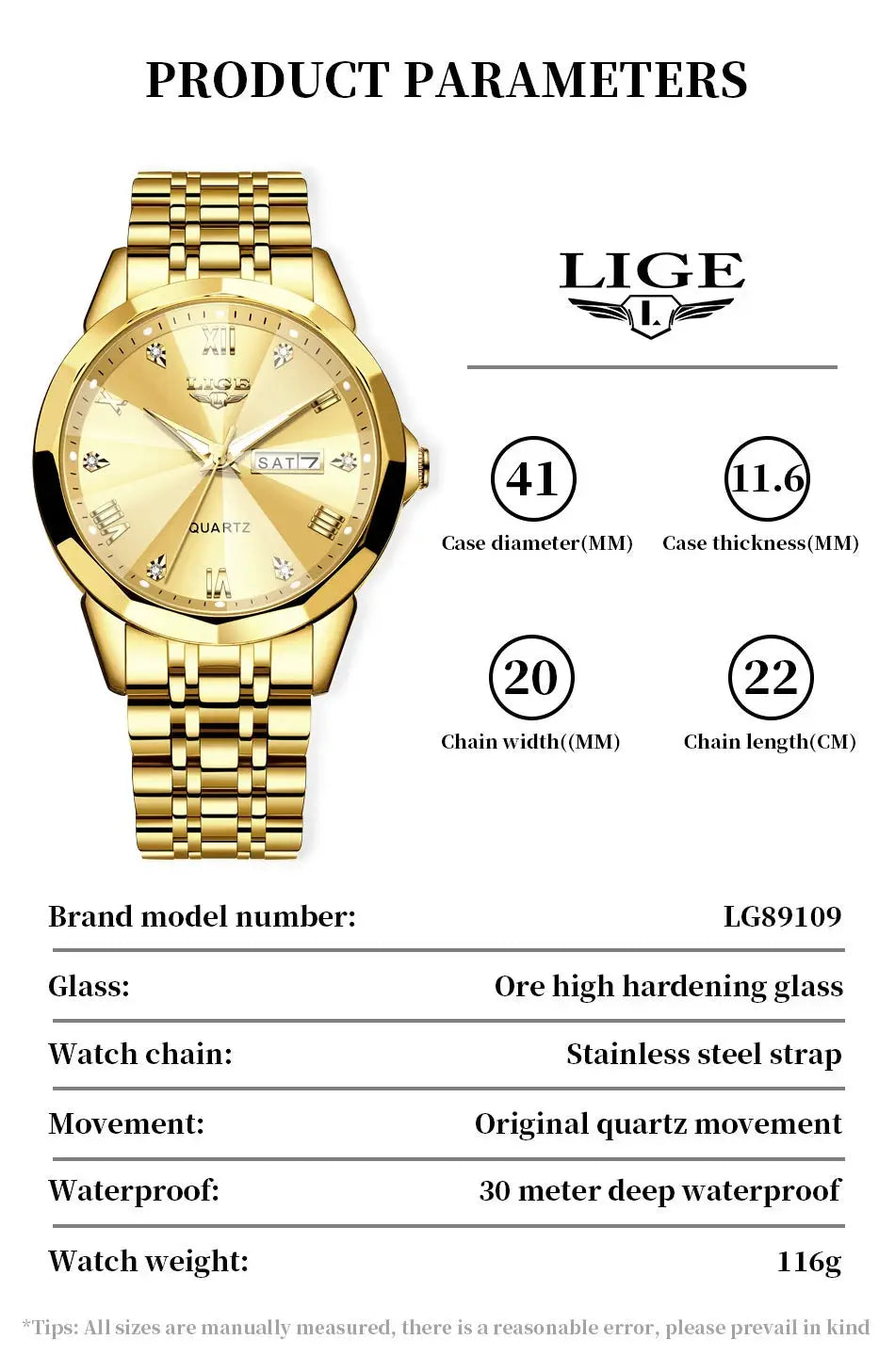 LIGE gold-tone stainless steel watch with bracelet.