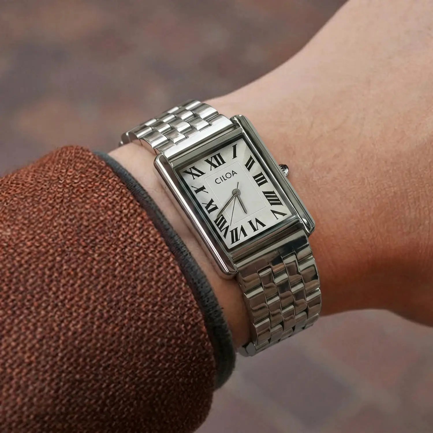 CILOA men's luxury retro square watch with silver case and stainless steel bracelet, cream dial and Roman numerals