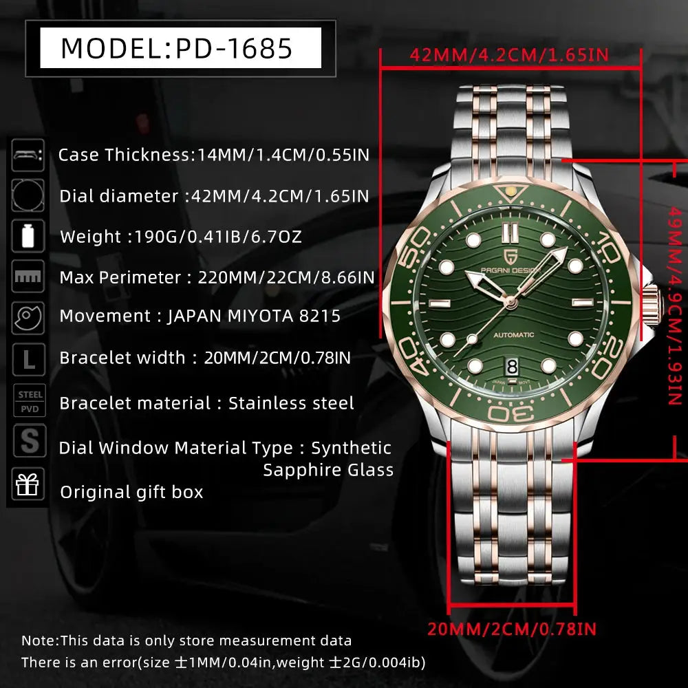 PAGANI DESIGN PD-1685 men's automatic watch with green dial, two-tone stainless steel bracelet, sapphire crystal