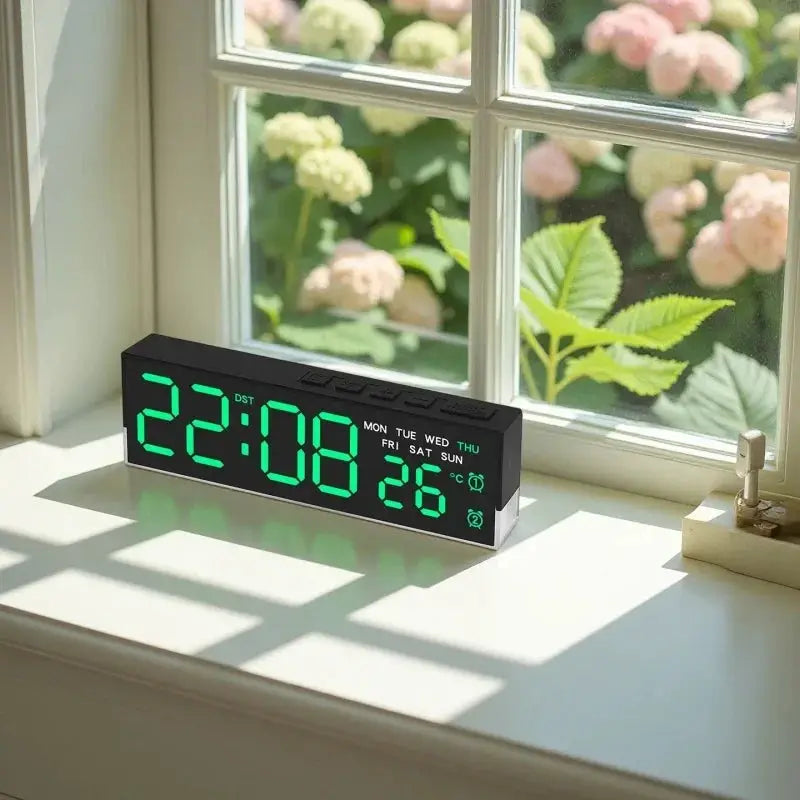 Simples Market USB powered digital alarm clock with white mood light and green LED display on windowsill