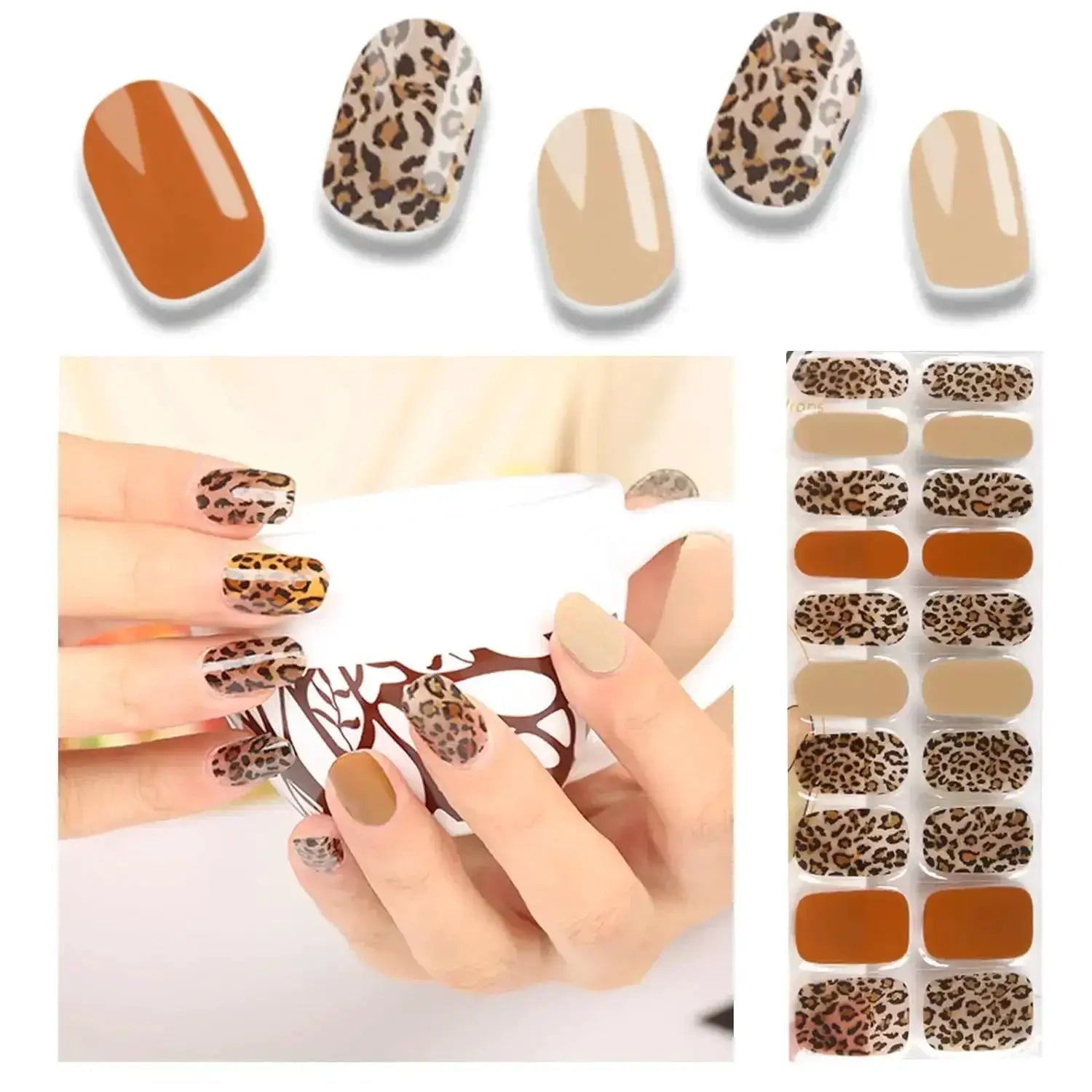 Simples Market gel nail wraps set with leopard and nude full-coverage designs, 16/20/22 tips for DIY UV lamp manicure.