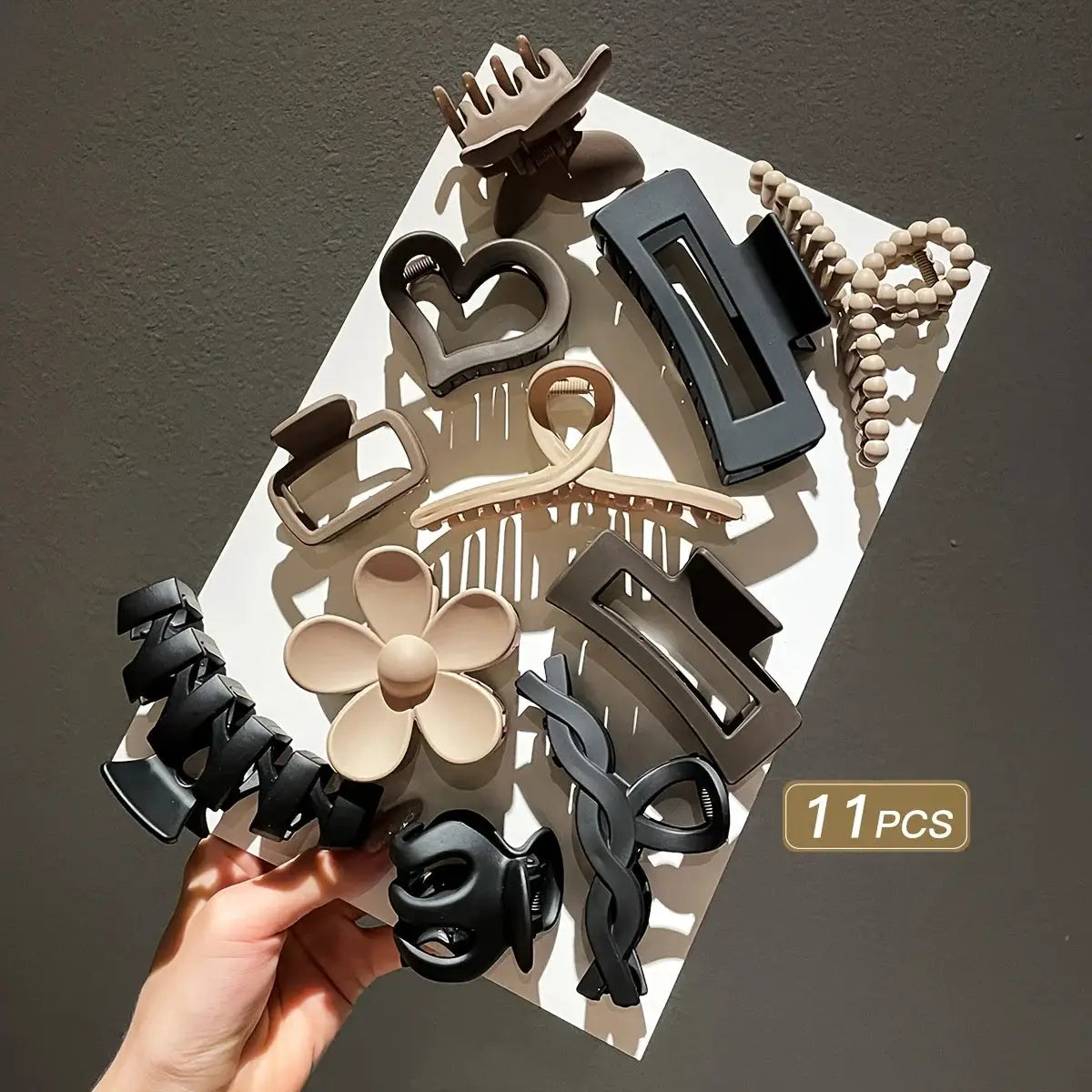 LuxClip 11 Piece High End Frosted Hair Claw Clip Set For All Hair Types Durable Plastic Secure Hold
