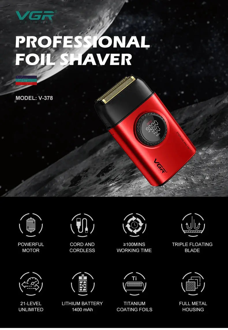VGR professional foil shaver red with LED display, model V-378 by Simples Market