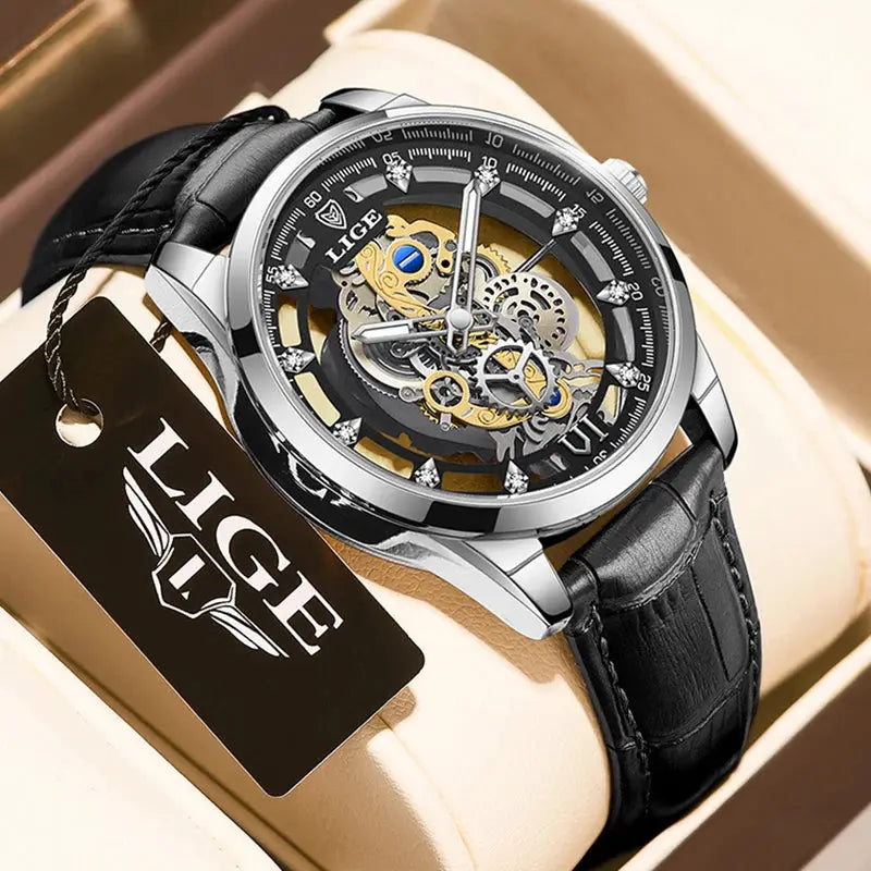 LIGE men's skeleton dial watch with silver stainless steel case, gold gears, and black leather strap