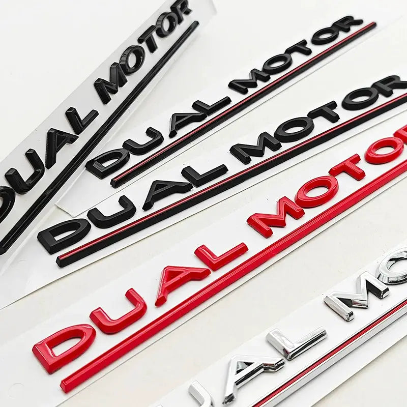 Tesla rear trunk badge set, 3D ABS chrome black and red Dual Motor underlined stickers by Simples Market