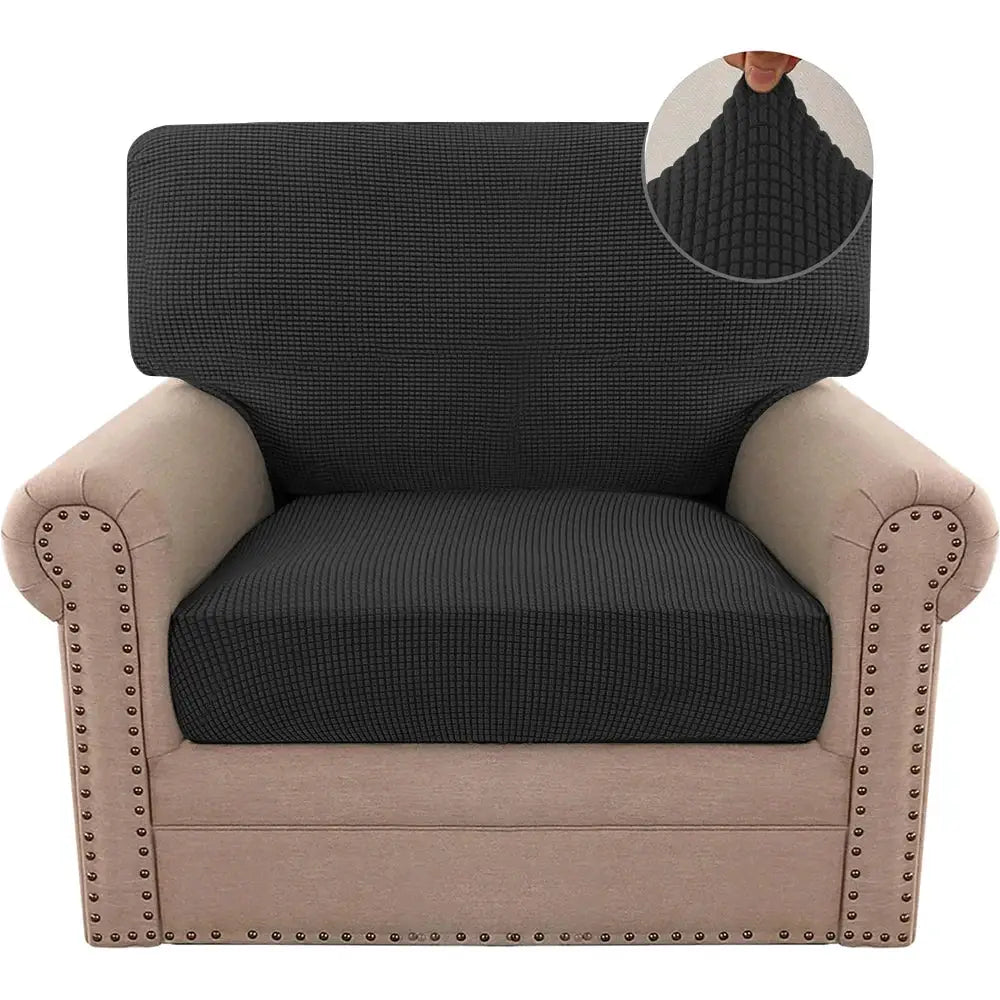 Simples Market jacquard polar-fleece sofa cover on beige armchair; black stretch chair protector
