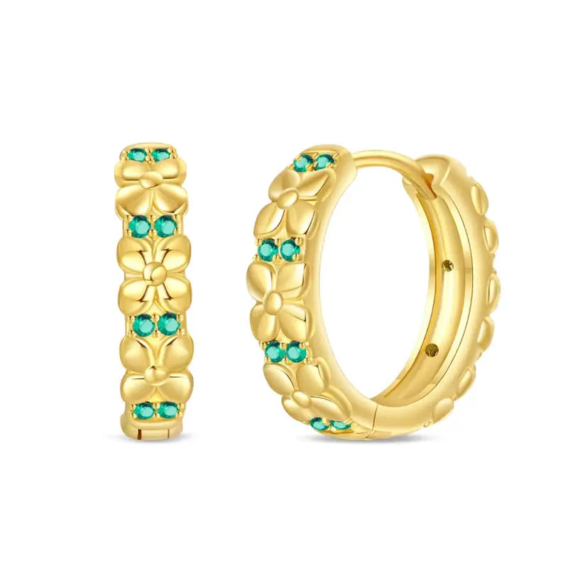 Gold hoop earrings with floral motifs and turquoise stones; set of two