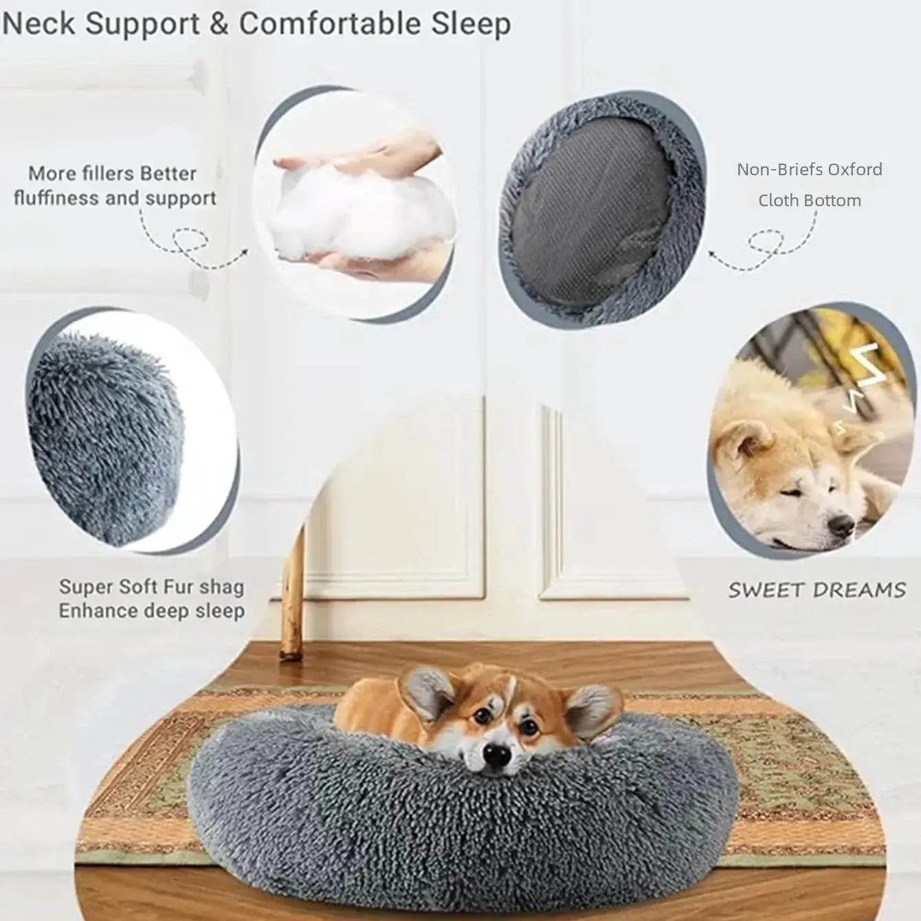 40-90cm Round Pet Bed In 6 Sizes For Large Dogs And Cats Super Soft Plush Bed For Winter Warmth