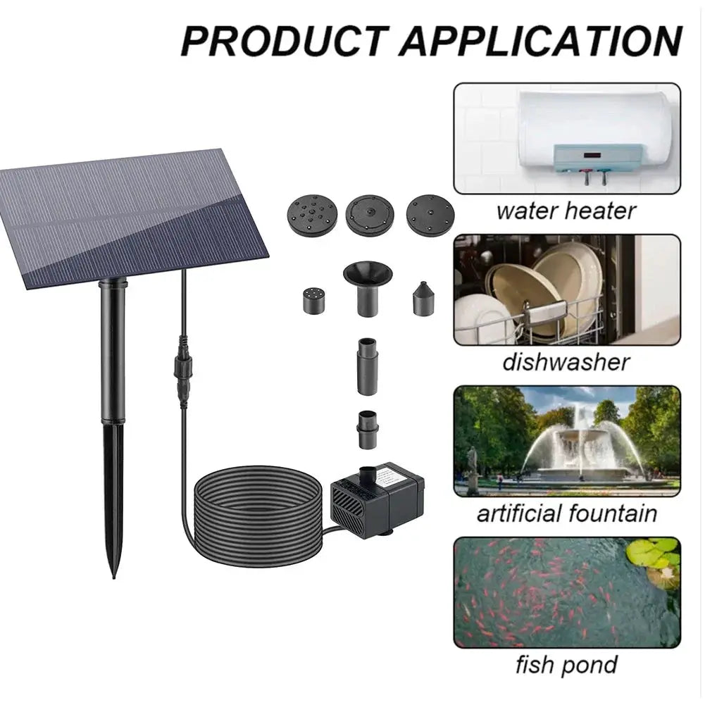 Simples Market solar fountain kit with stake-mounted panel, pump, tubing and nozzle adapters for garden and fish pond
