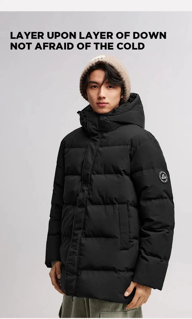 Semir men's black hooded down jacket, mid-length thick puffer with sleeve logo patch